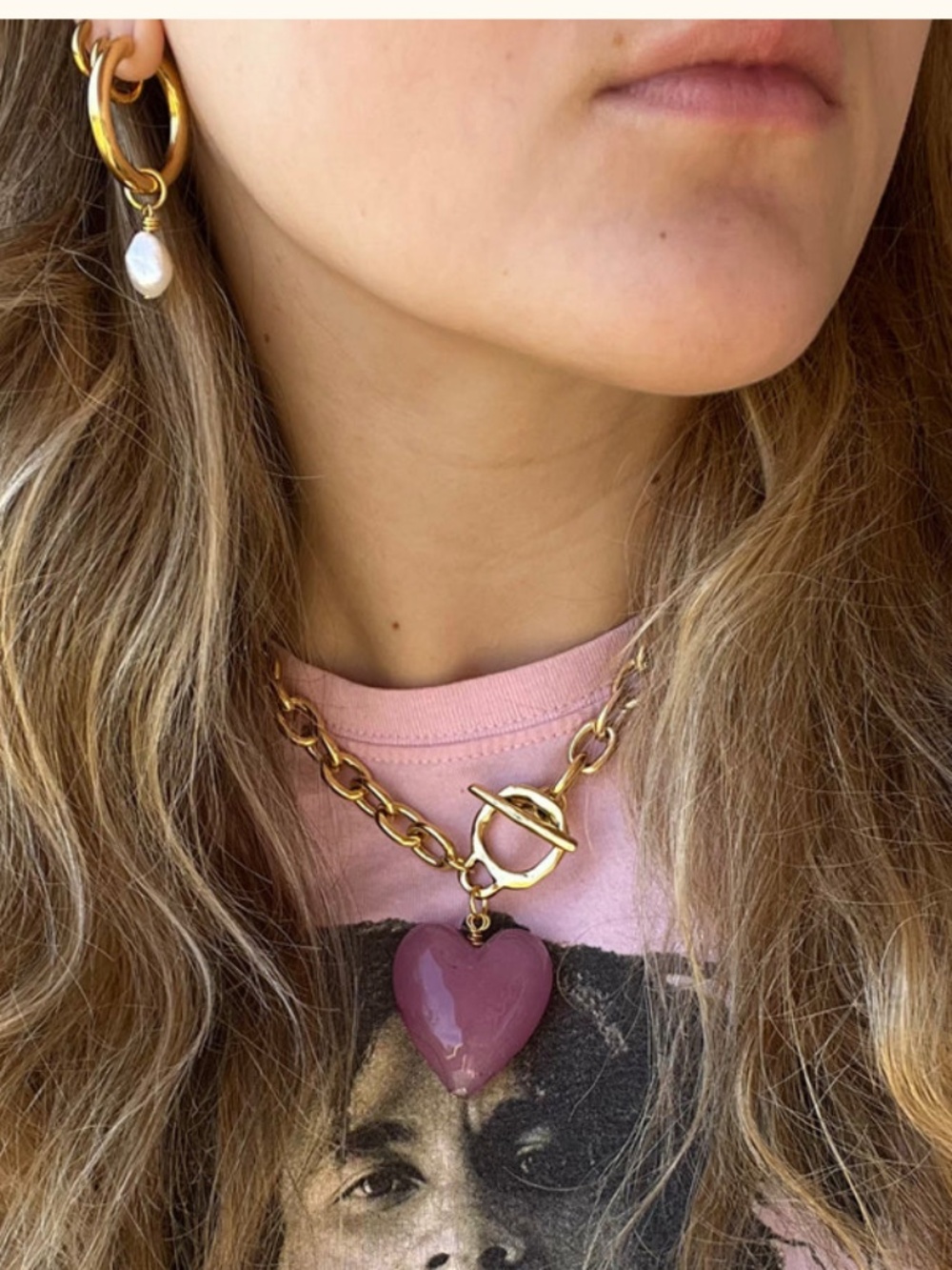 Heart Necklace - Chunky Gold -  Muted Mauve Heart